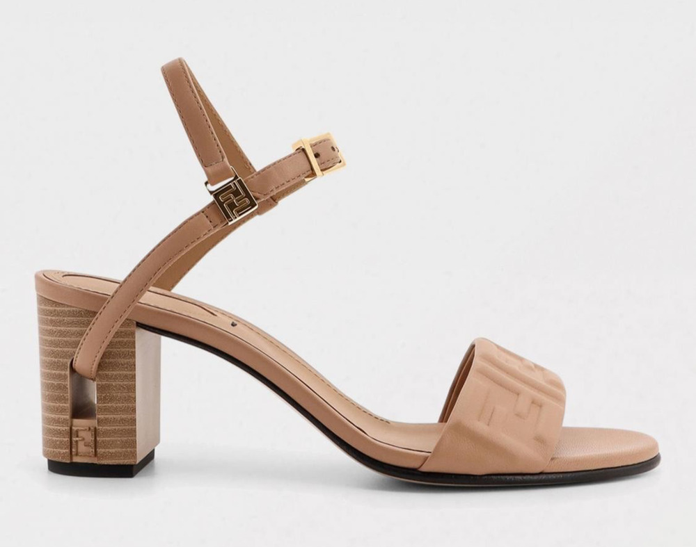 Fendi Delfina Sandal 65mm Dark Honey Beige Leather FF Logo Ankle Strap Heel 40
